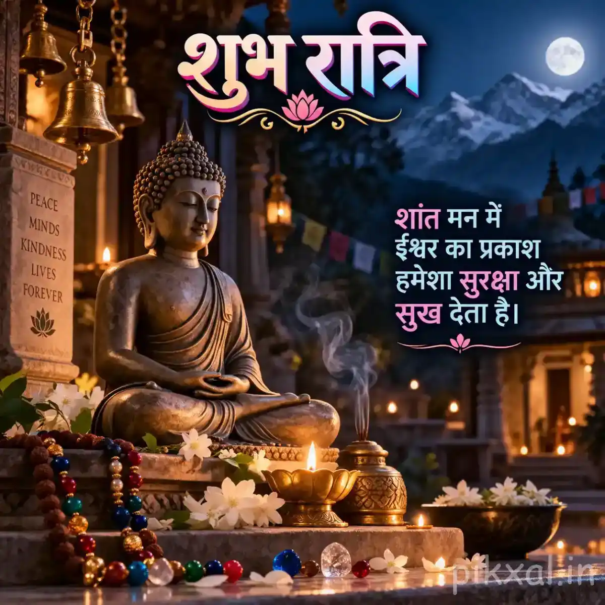 Serene Buddha statue surrounded by glowing diyas, flowers, prayer beads, and a peaceful moonlit temple setting