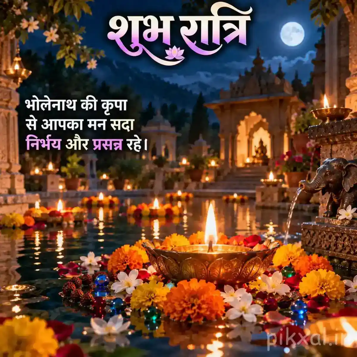Colorful flower offerings and glowing diyas beside a peaceful temple lake with illuminated temple buildings under the night sky