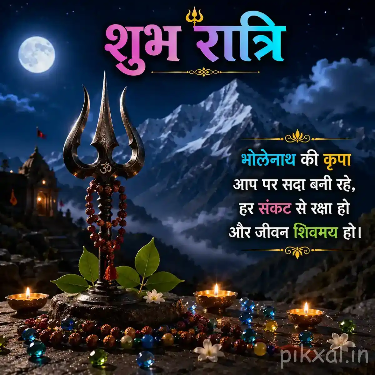 Lord Shiva trident standing against snow-covered Himalayan mountains, with Bilva leaves, Rudraksha beads, flowers, and glowing lamps