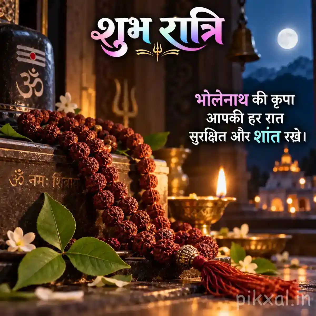 Close-up of Rudraksha prayer beads arranged with sacred green leaves, flowers, and a glowing diya in a warm devotional setting