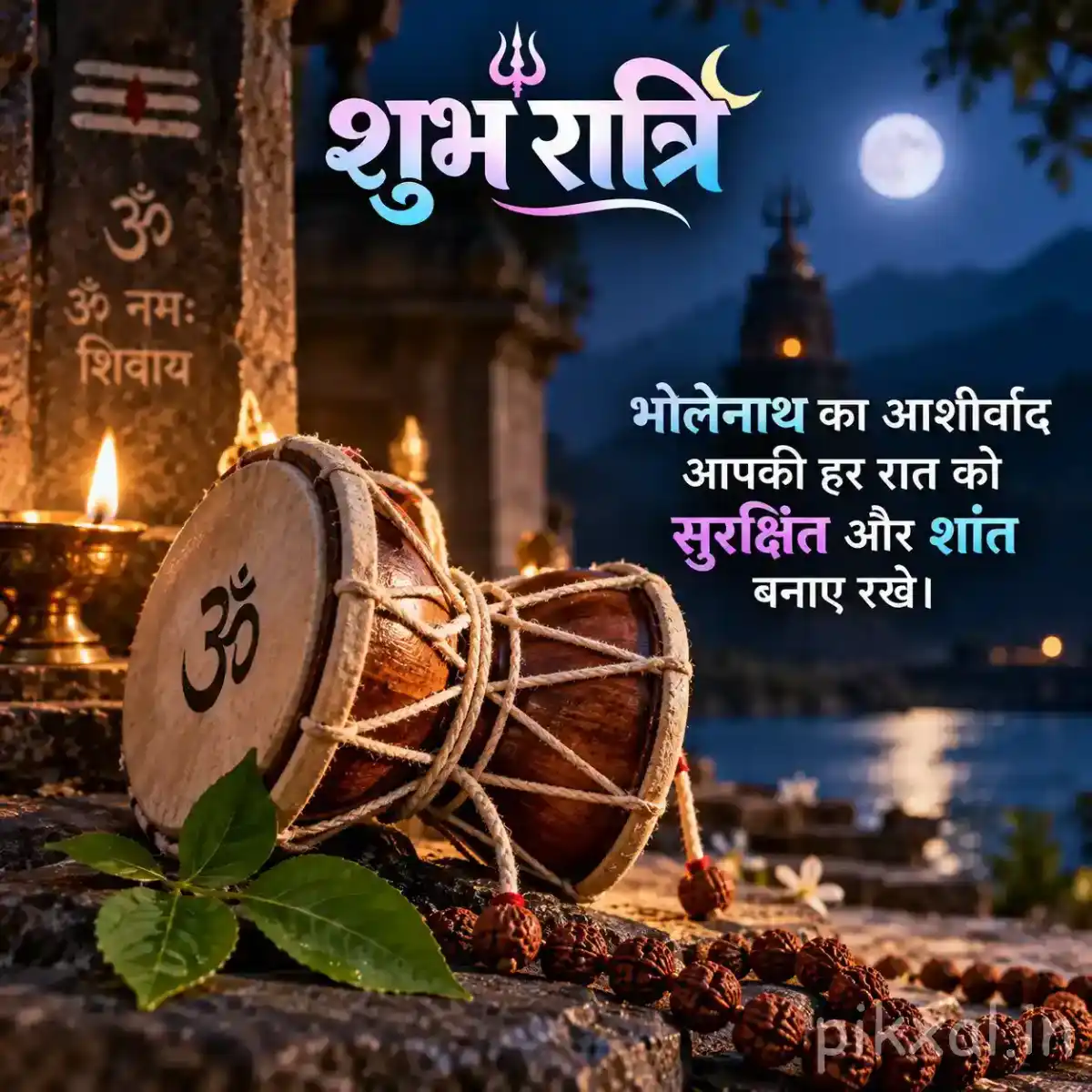 Traditional Shiva damru with sacred Om symbol, Rudraksha beads, green leaves, flowers, and a glowing diya on a devotional altar