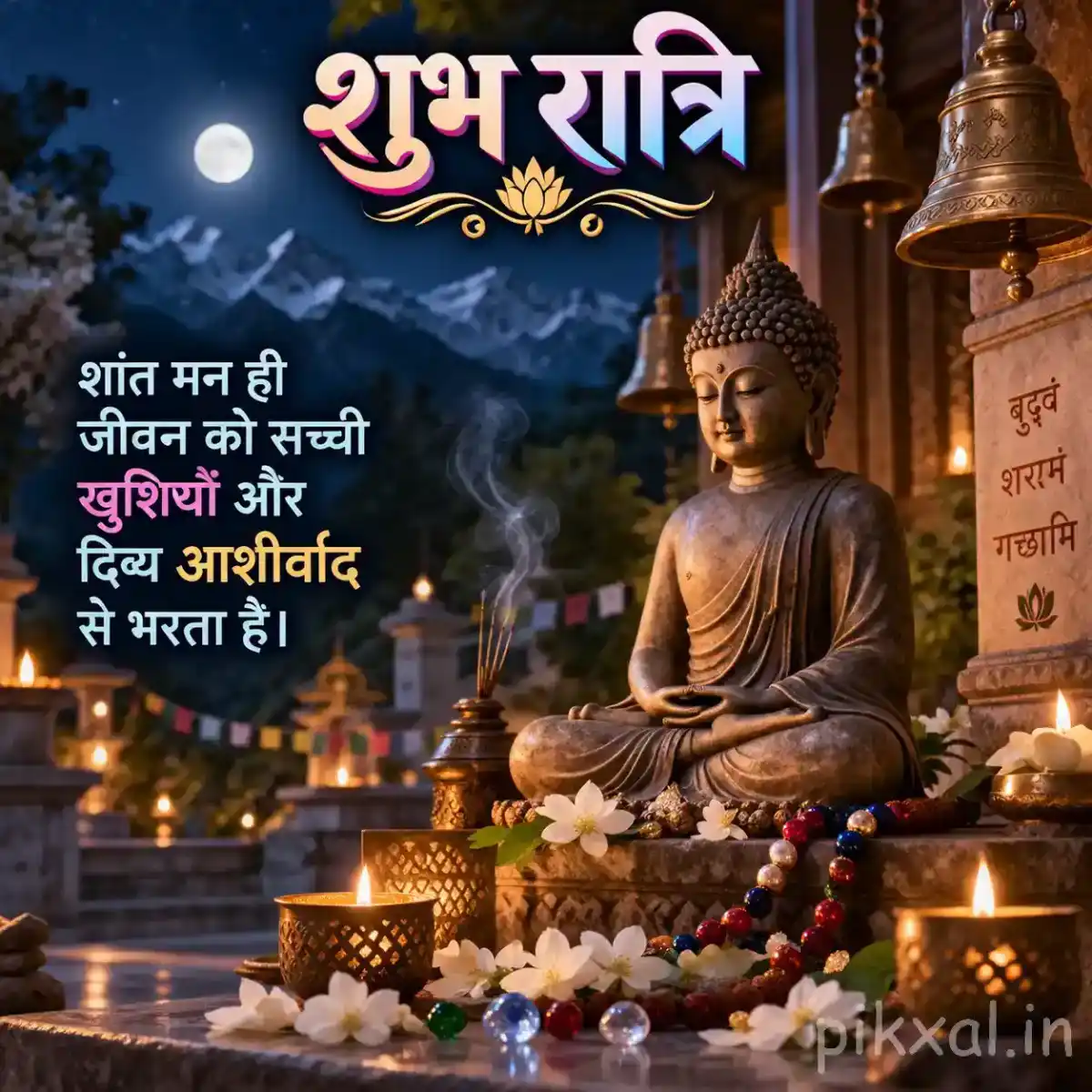 Meditating Buddha statue surrounded by flowers, glowing diyas, prayer beads, and a peaceful moonlit temple courtyard