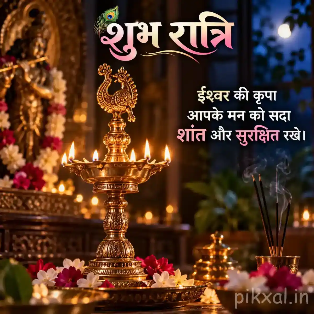 Ornate brass oil lamp glowing beside colorful flowers and devotional offerings in a warmly illuminated temple shrine