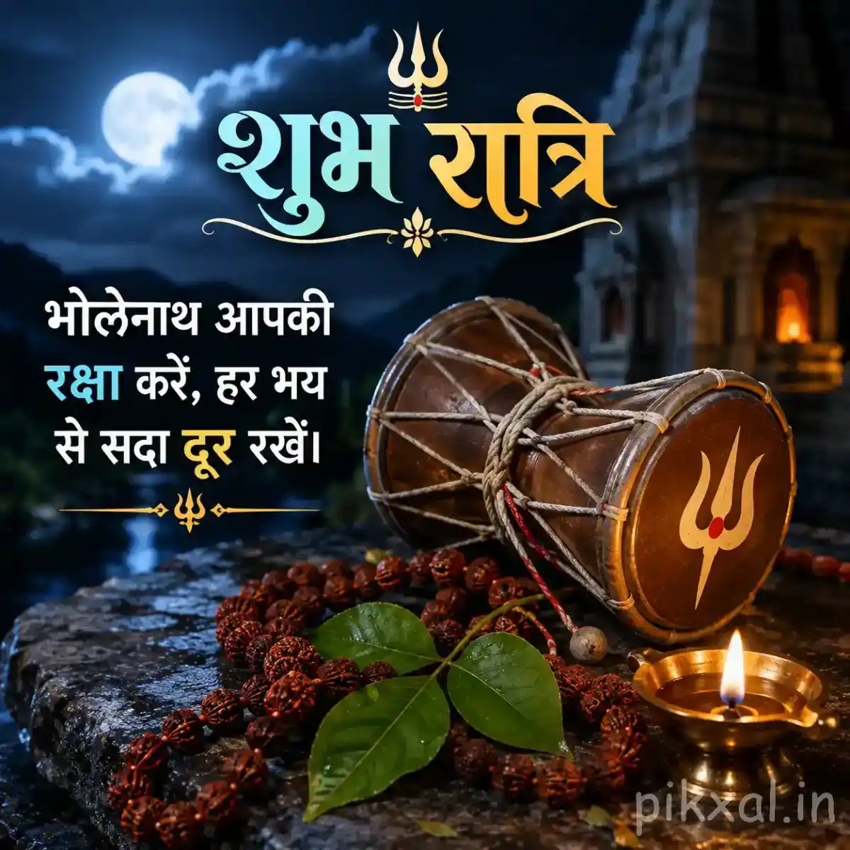 Traditional Shiva damru with a trident symbol surrounded by Rudraksha beads, sacred green leaves, flowers, and a glowing diya