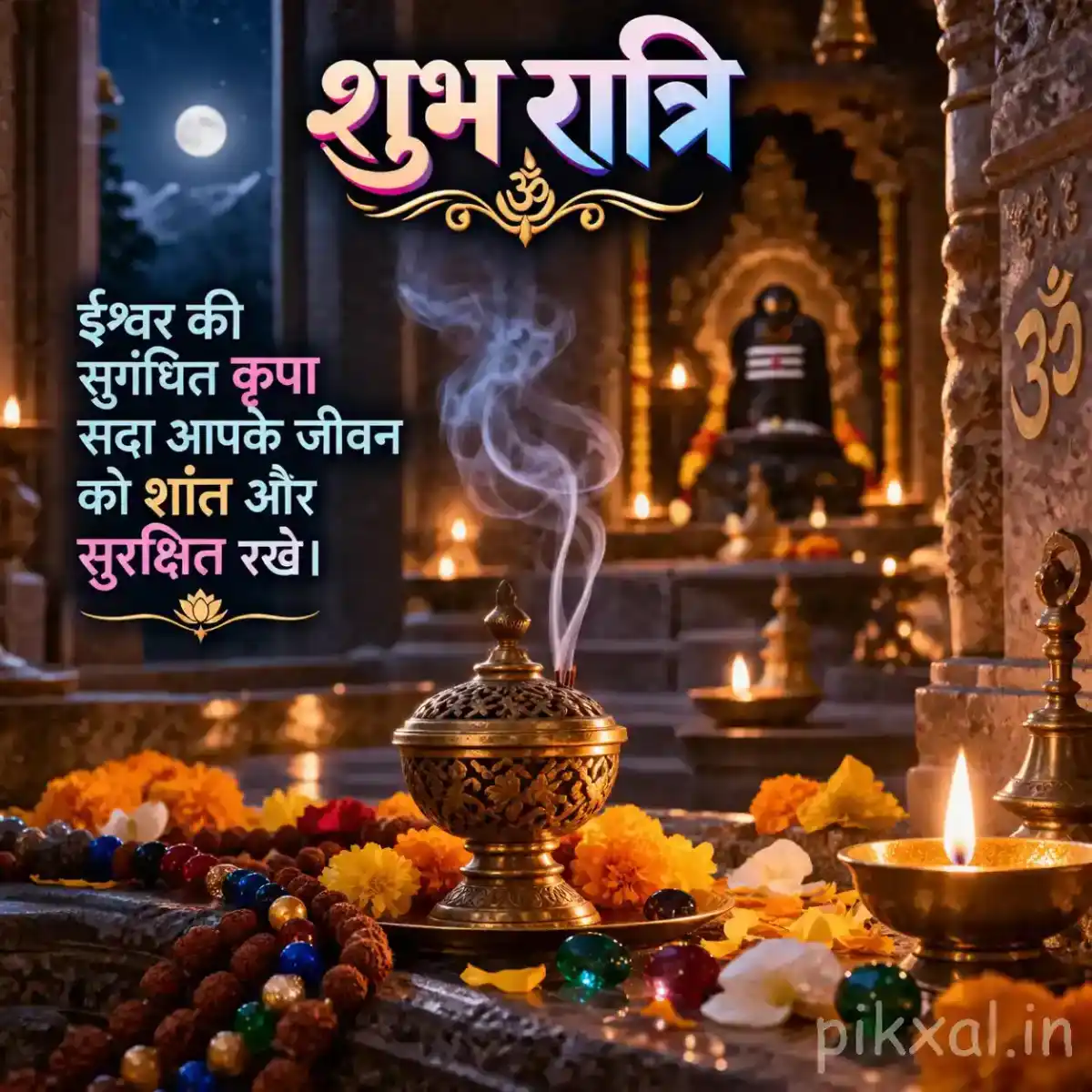 Beautiful temple altar decorated with flowers, Rudraksha beads, glowing diyas, incense smoke, and a sacred Shiva shrine