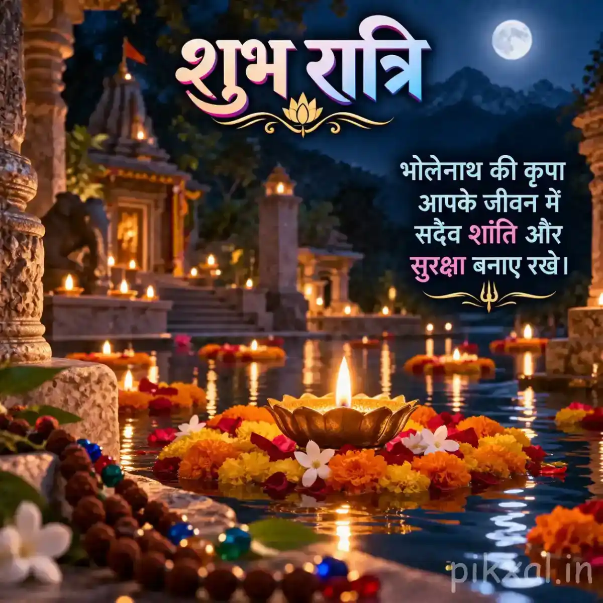 Shiva devotional temple scene with a decorated shrine, Rudraksha beads, colorful flowers, glowing diyas, and incense smoke