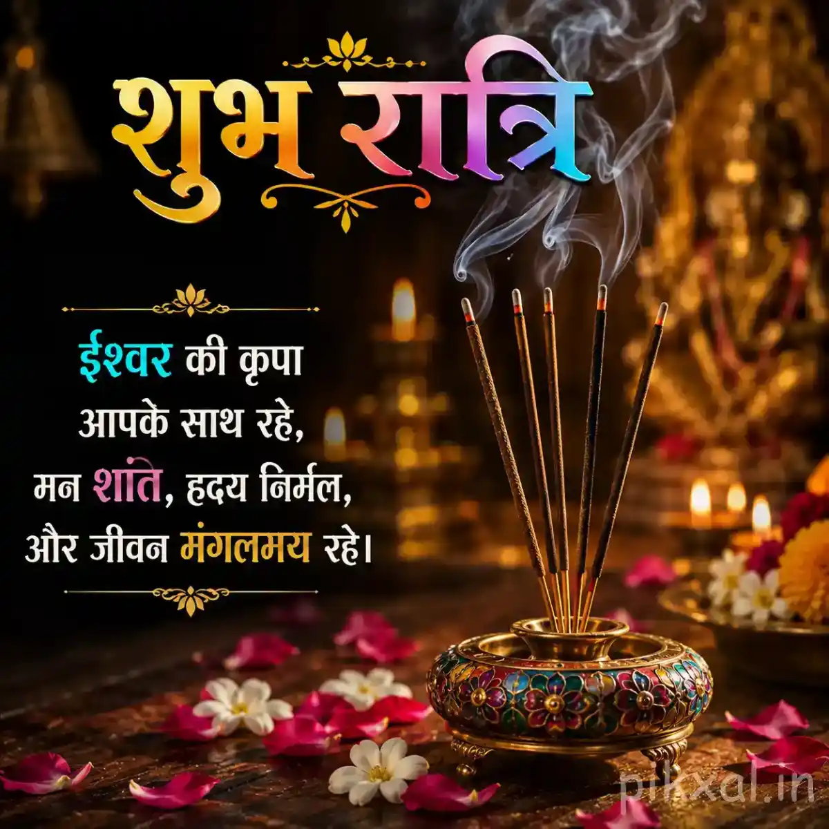 Incense sticks releasing curling smoke above colorful flowers and glowing diyas in a warmly illuminated devotional setting