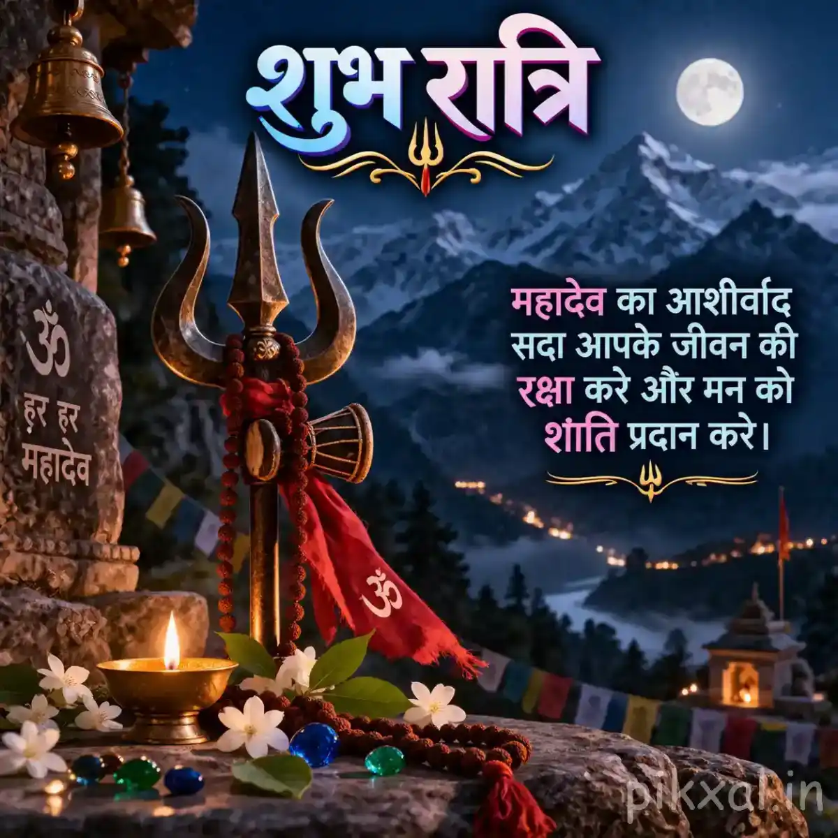 Lord Shiva trident standing before snow-covered Himalayan mountains, surrounded by flowers, Rudraksha beads, and glowing lamps