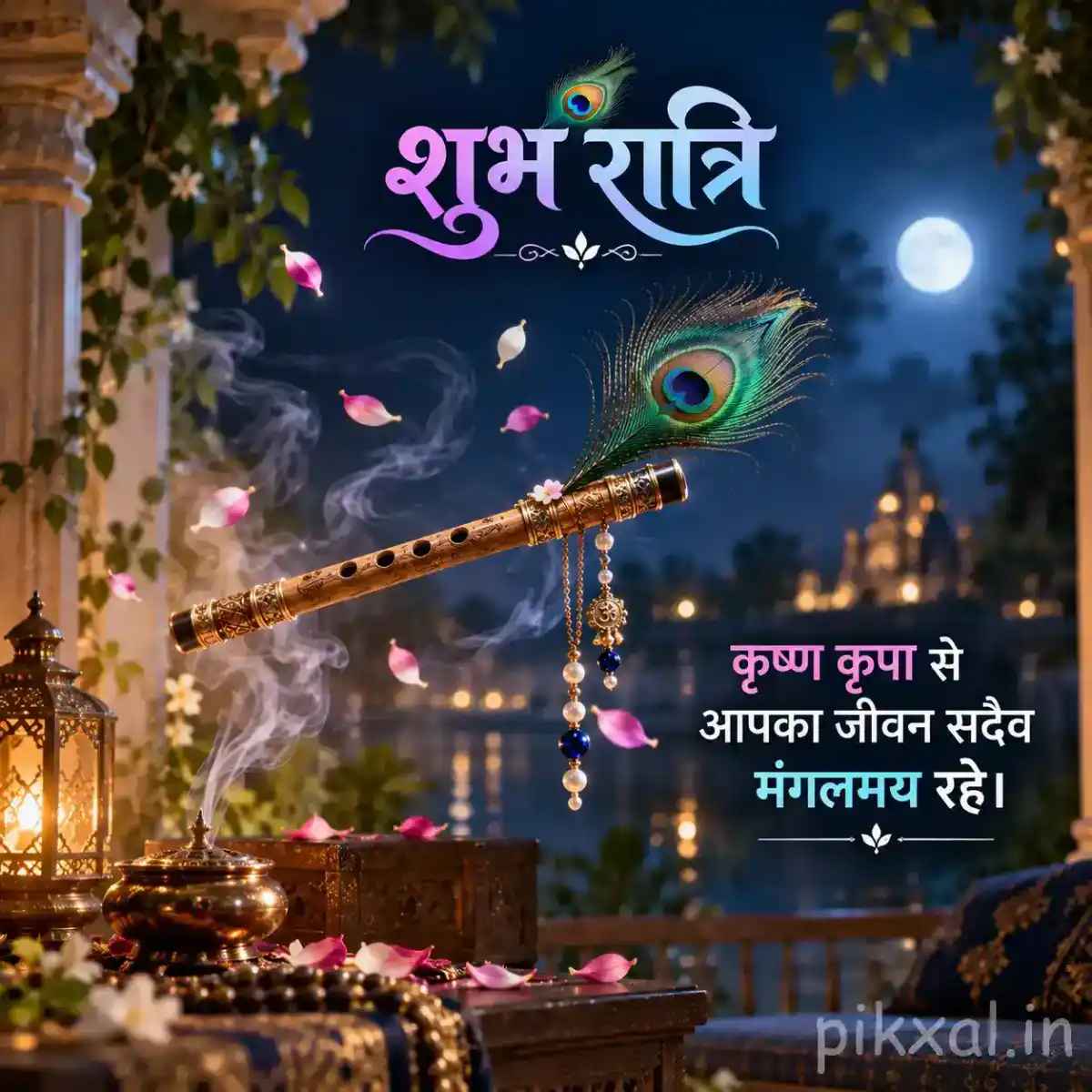 Krishna flute decorated with a peacock feather and colorful flowers, surrounded by glowing diyas in a moonlit temple setting
