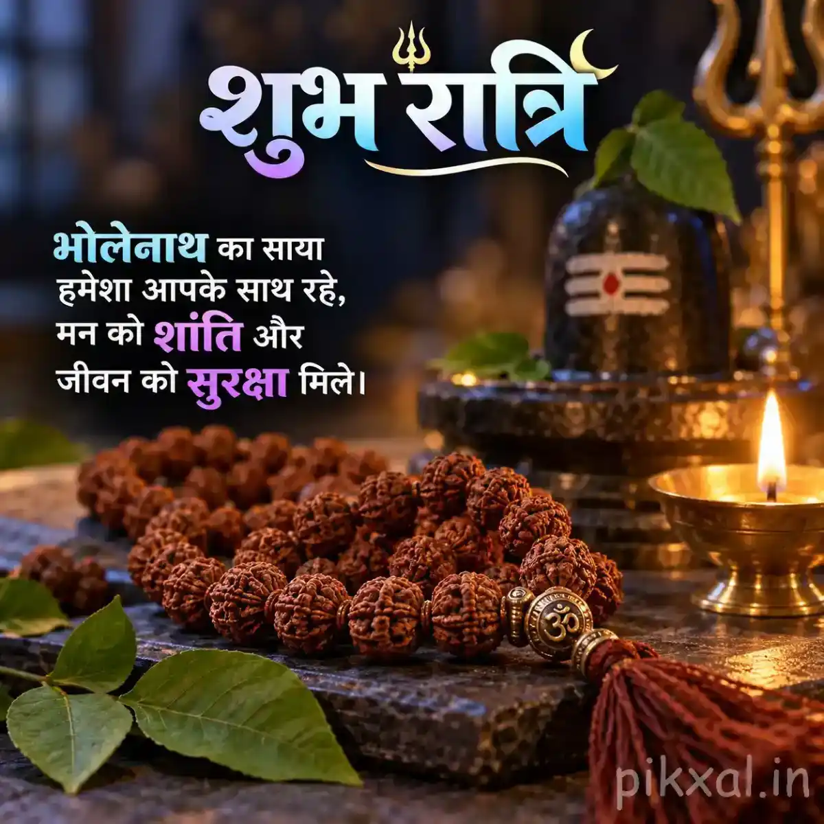 Rudraksha prayer beads arranged with sacred green leaves, flowers, and a glowing diya on a peaceful devotional altar