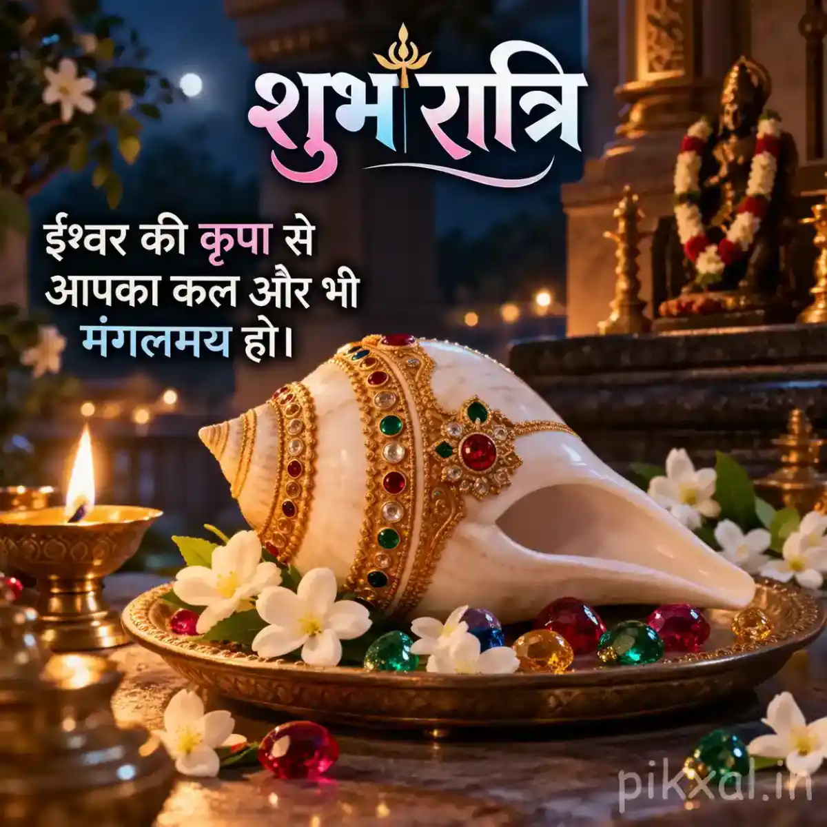 Beautifully decorated conch shell surrounded by white flowers, colorful prayer beads, and glowing diyas in a Shiva shrine