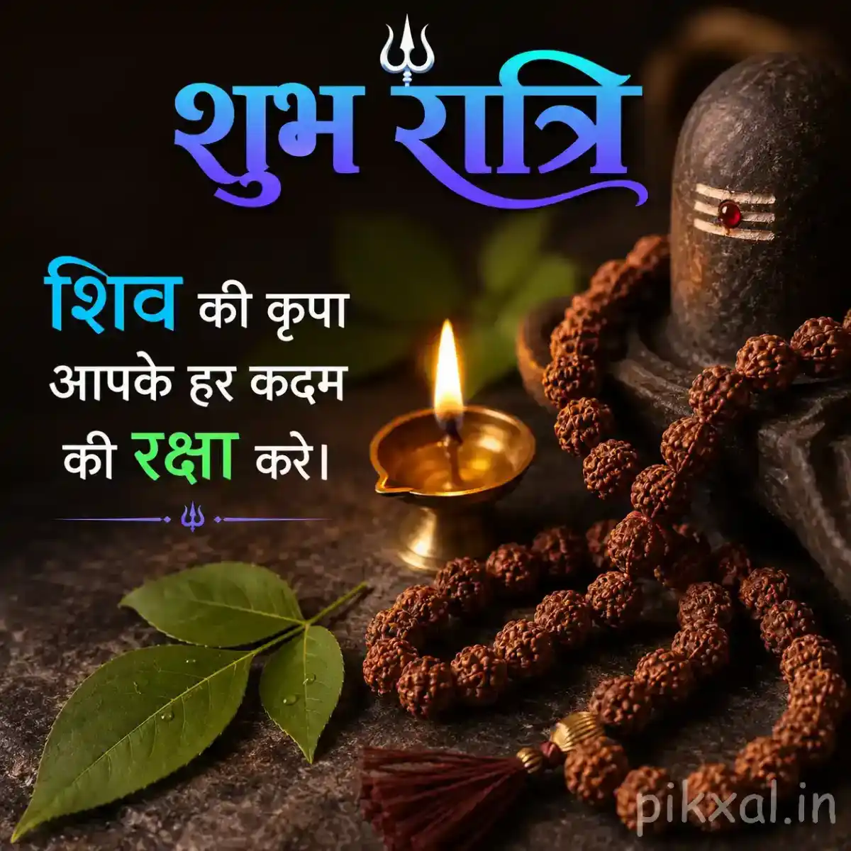 Shiva Shivling with Rudraksha mala, sacred green leaves, and a glowing diya against a dark devotional background