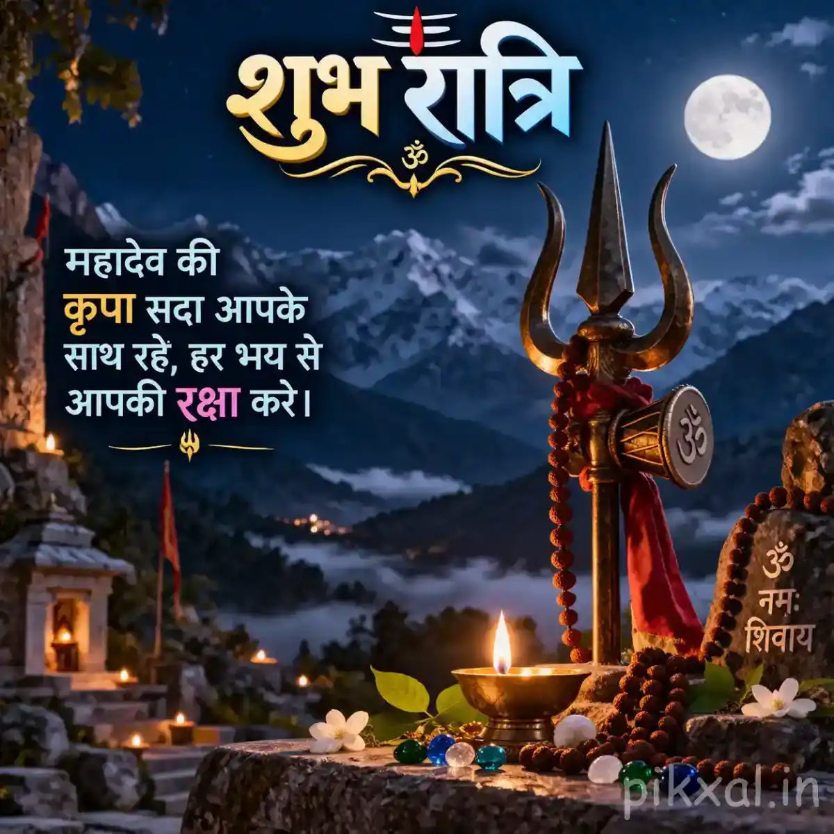 Lord Shiva trident and glowing brass diya surrounded by flowers and devotional offerings against a moonlit Himalayan mountain landscape