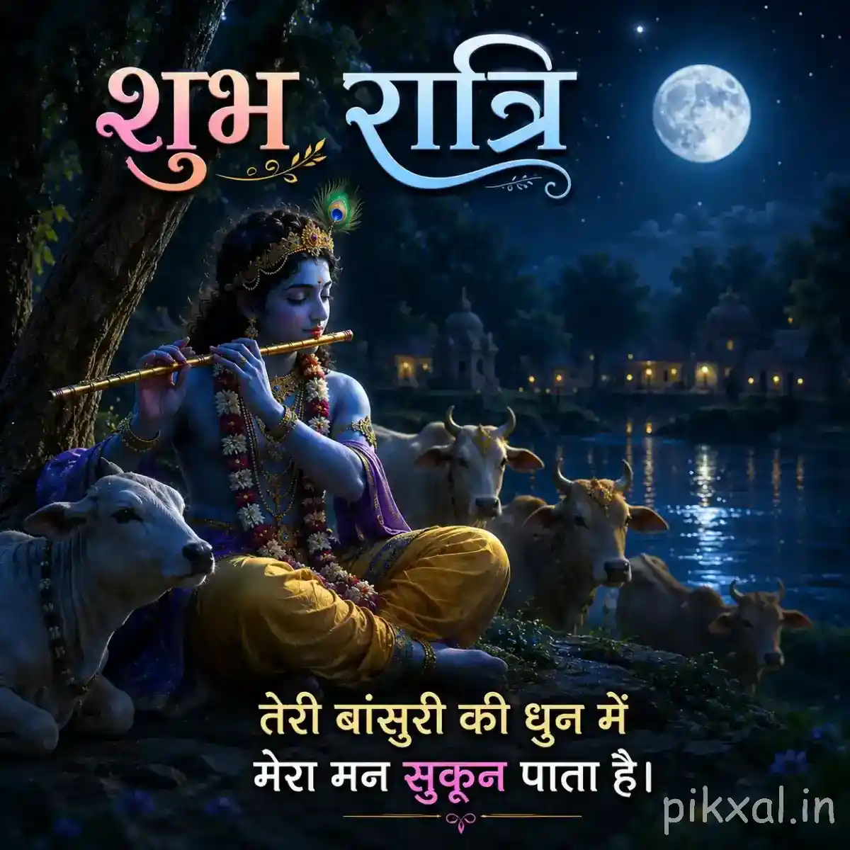 Krishna seated beside a tranquil riverside at night, playing his flute beneath a bright full moon and surrounded by soft reflections on the water.