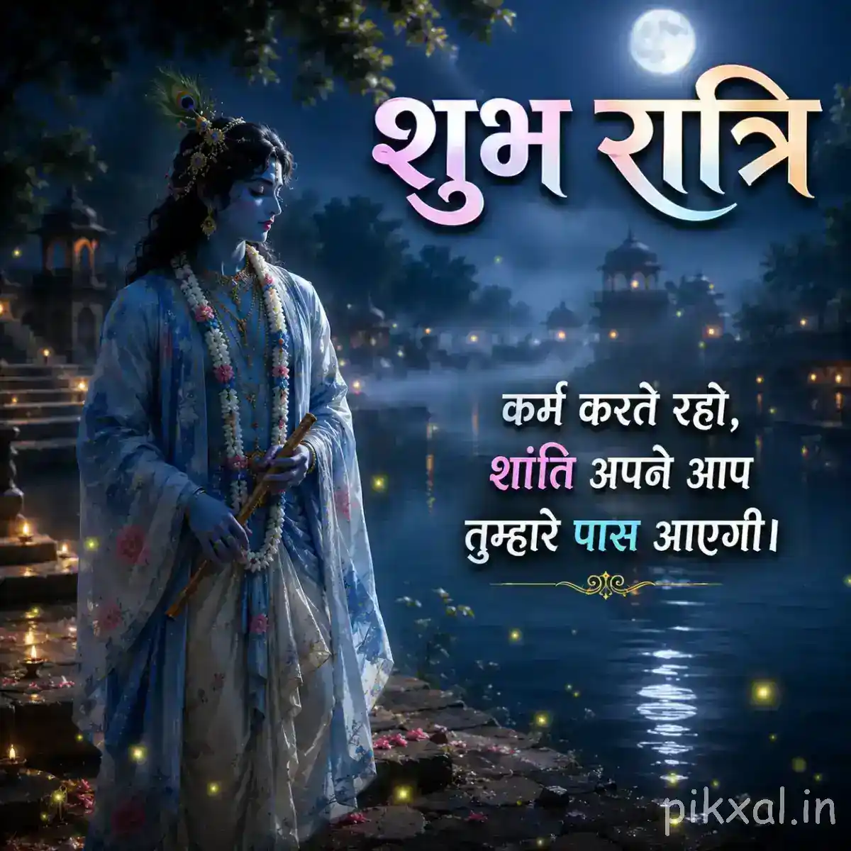 Good Night Krishna Images showing Lord Krishna standing gracefully with his flute against a dreamy blue night sky and peaceful forest surroundings.