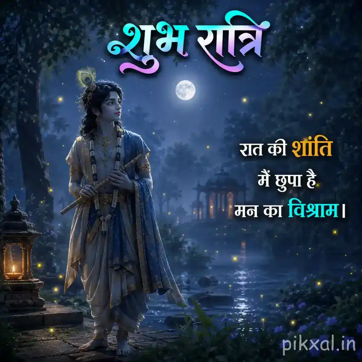 A moonlit nighttime scene of Lord Krishna standing with his flute near a calm lake, with distant temple lights and a serene शुभ रात्रि wish.