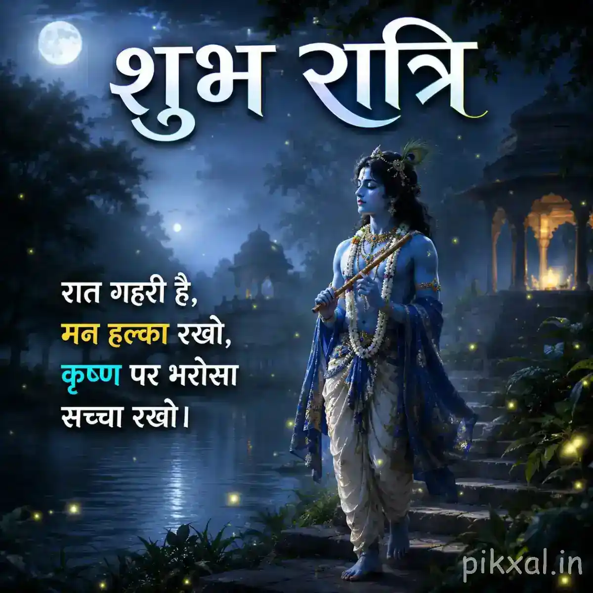 Lord Krishna walking peacefully near a glowing riverside, with a full moon overhead, temple architecture in the distance and a रात्री संदेश.