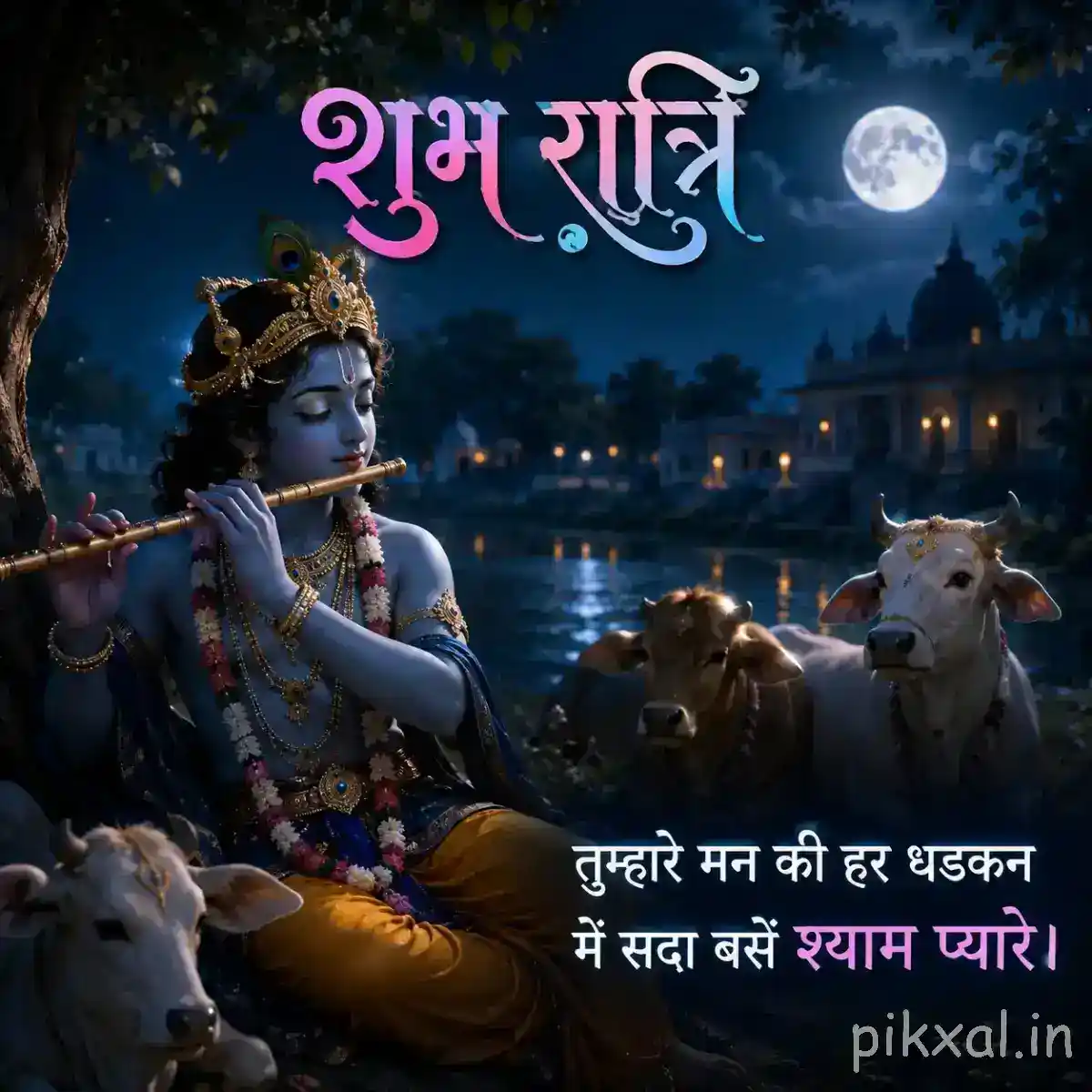 Krishna seated with his flute among gentle cows beside a moonlit river, creating a warm and peaceful devotional nighttime scene.