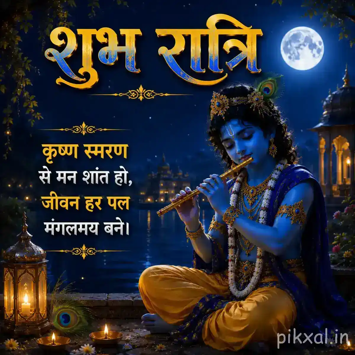 Krishna seated gracefully with his flute beneath a bright full moon, surrounded by a deep blue night landscape and golden devotional details.