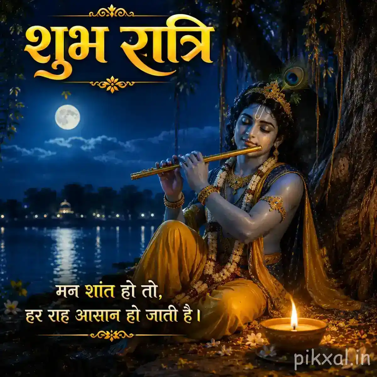Lord Krishna playing his flute beside a glowing diya under a full moon, with dark clouds, trees and peaceful nighttime scenery.