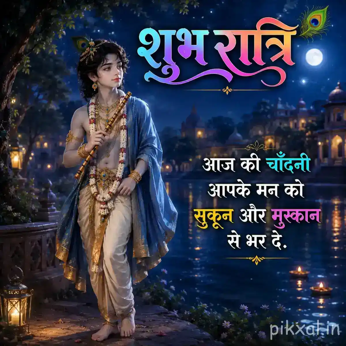 Lord Krishna walking peacefully along a moonlit garden path, with temple lights, greenery and a soothing शुभ रात्रि greeting.