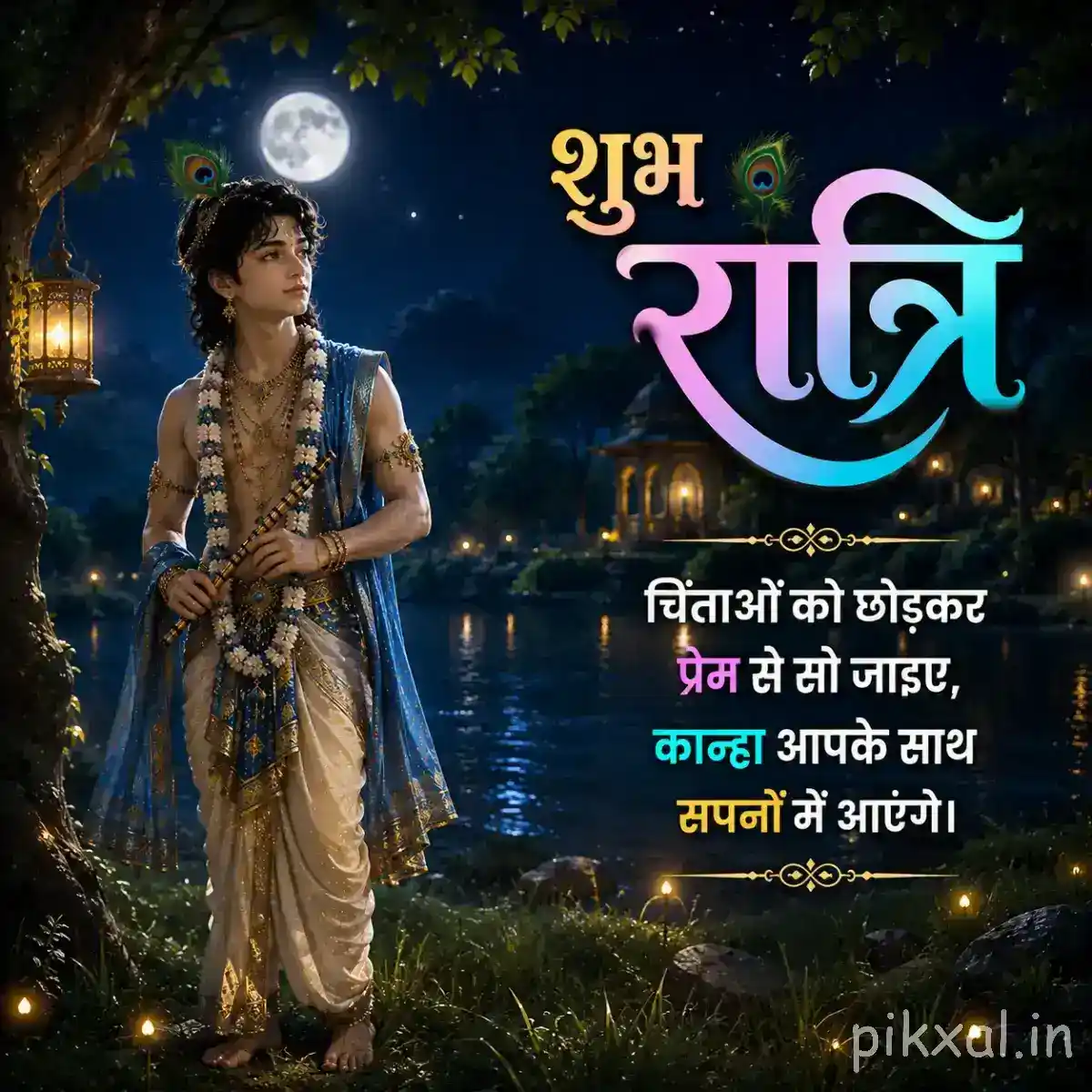 Lord Krishna standing in a lush nighttime garden beside glowing lanterns, with a large शुभ रात्रि message and a devotional atmosphere.