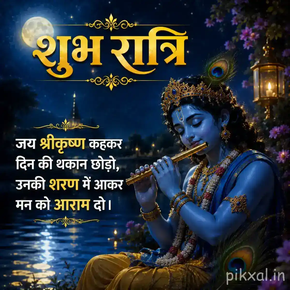 Lord Krishna playing the flute beneath a luminous moon, surrounded by golden lamps and ornate decorations with a heartfelt night blessing.