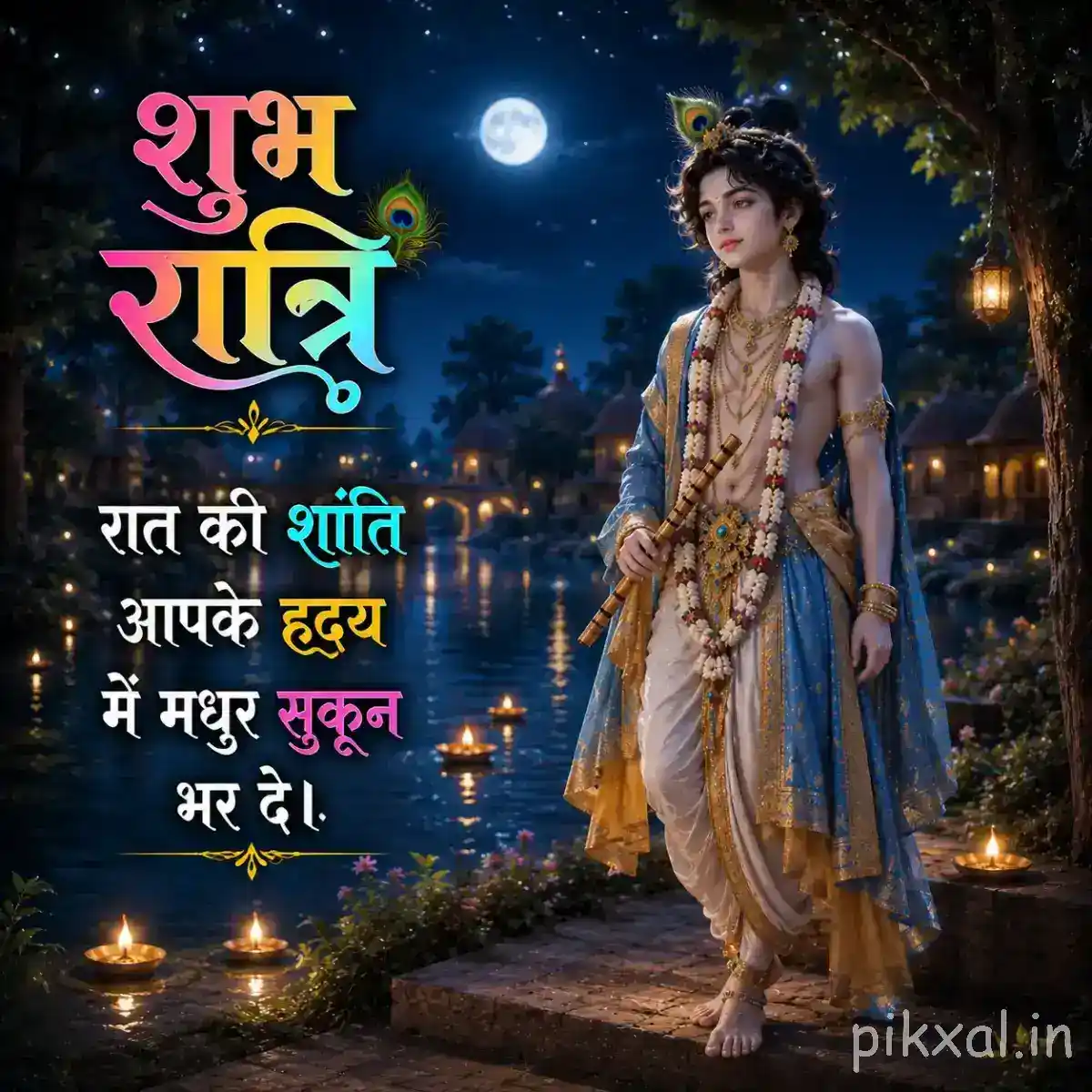 Lord Krishna standing on a warmly illuminated garden path at night, surrounded by flowers, lanterns and a colorful devotional greeting.
