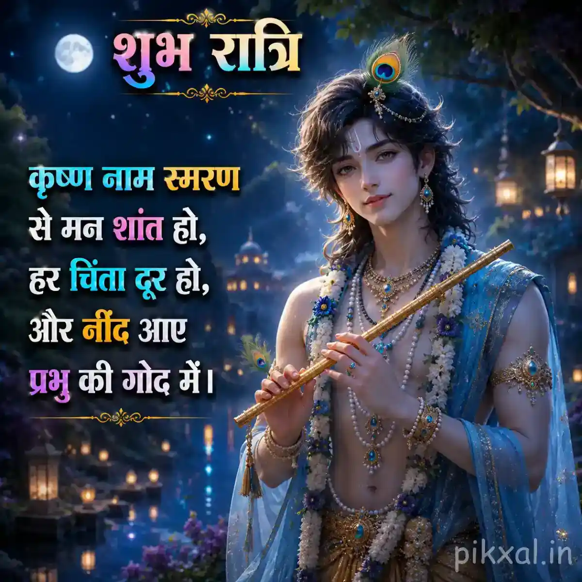 Close portrait of Lord Krishna holding his flute, with soft moonlight, blue floral surroundings and a serene शुभ रात्रि message.