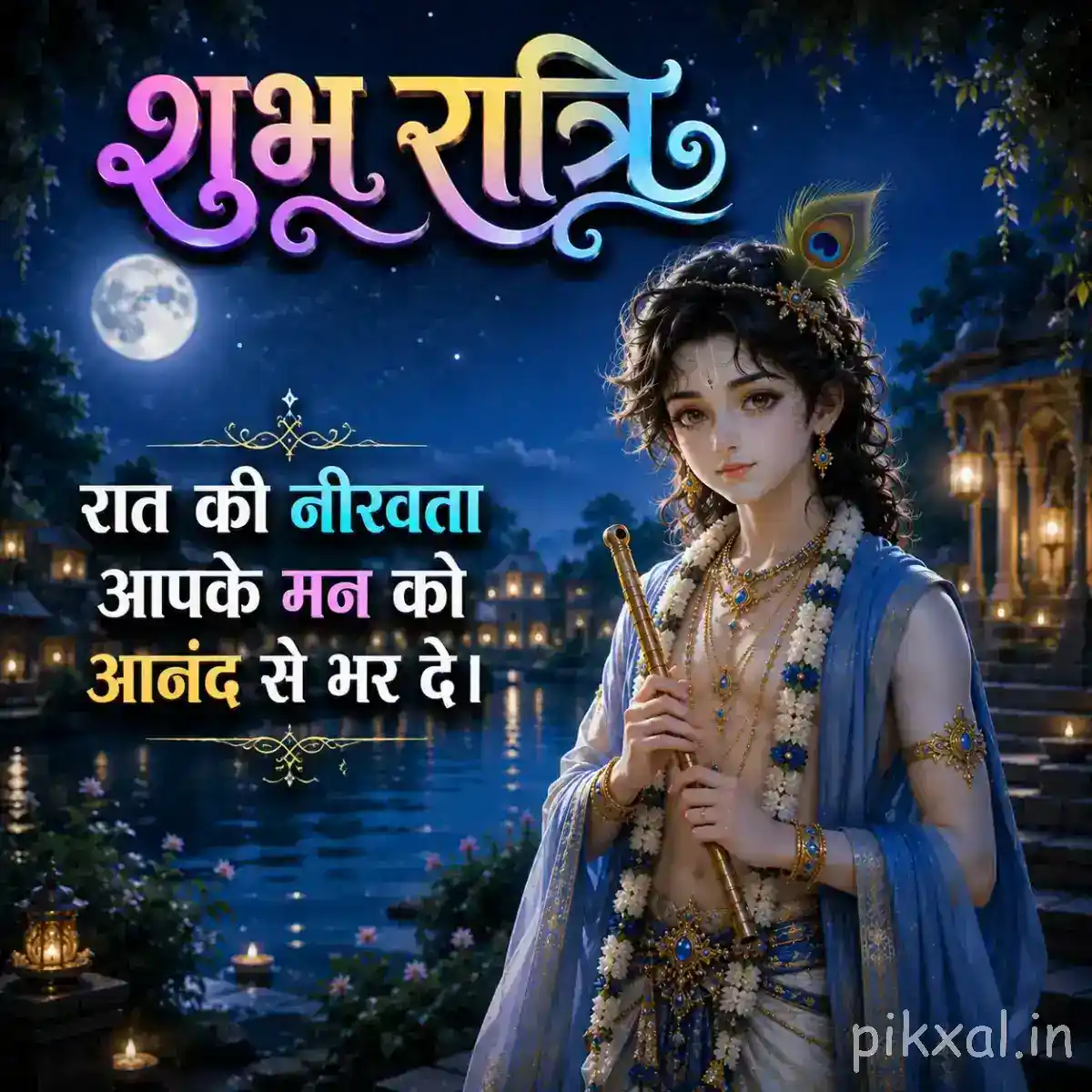 Lord Krishna holding a flute beside a tranquil riverside, framed by lush trees, lanterns and a large शुभ रात्रि greeting.