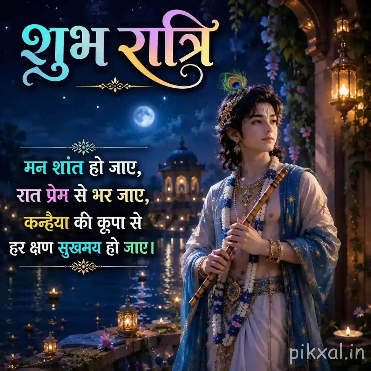 Lord Krishna standing near a glowing garden pathway at night, with temple lights, greenery and a devotional message about Krishna's presence.