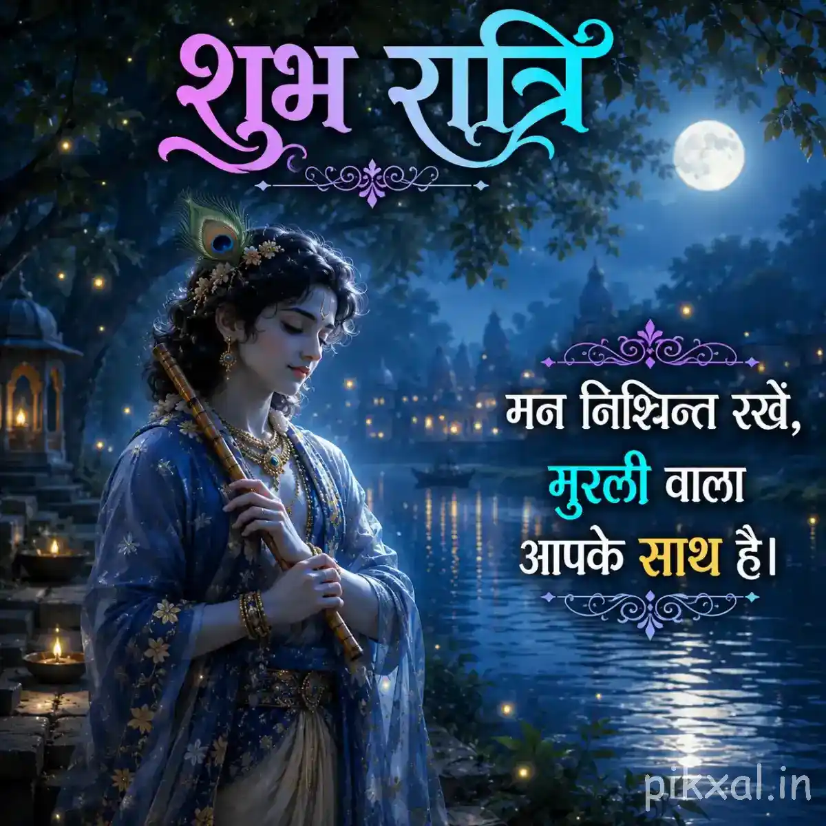 Lord Krishna standing quietly beside a moonlit river, holding his flute as glowing reflections and trees create a peaceful nighttime setting.