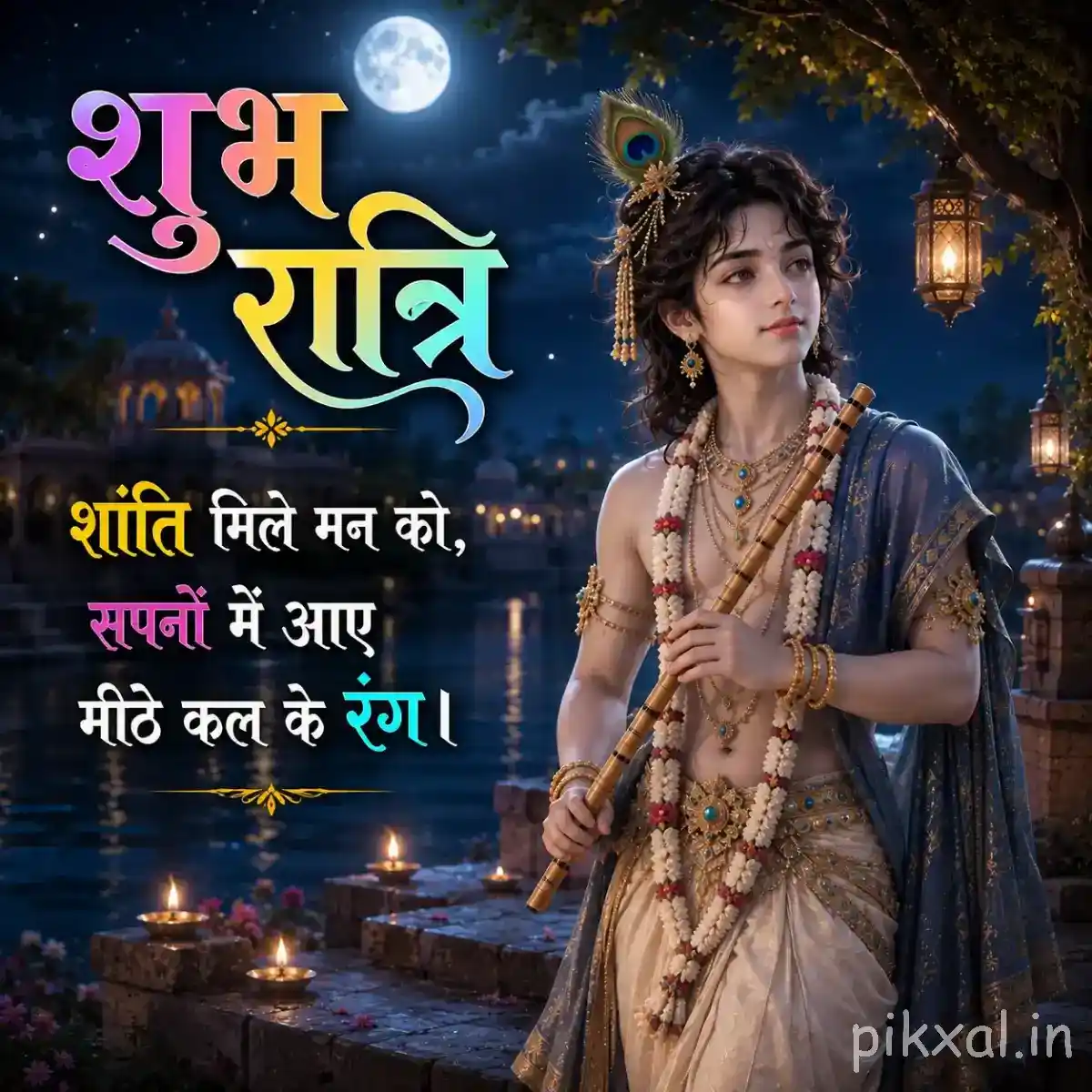Lord Krishna holding a flute in a softly illuminated garden, surrounded by hanging lanterns, flowers and a शुभ रात्रि blessing.