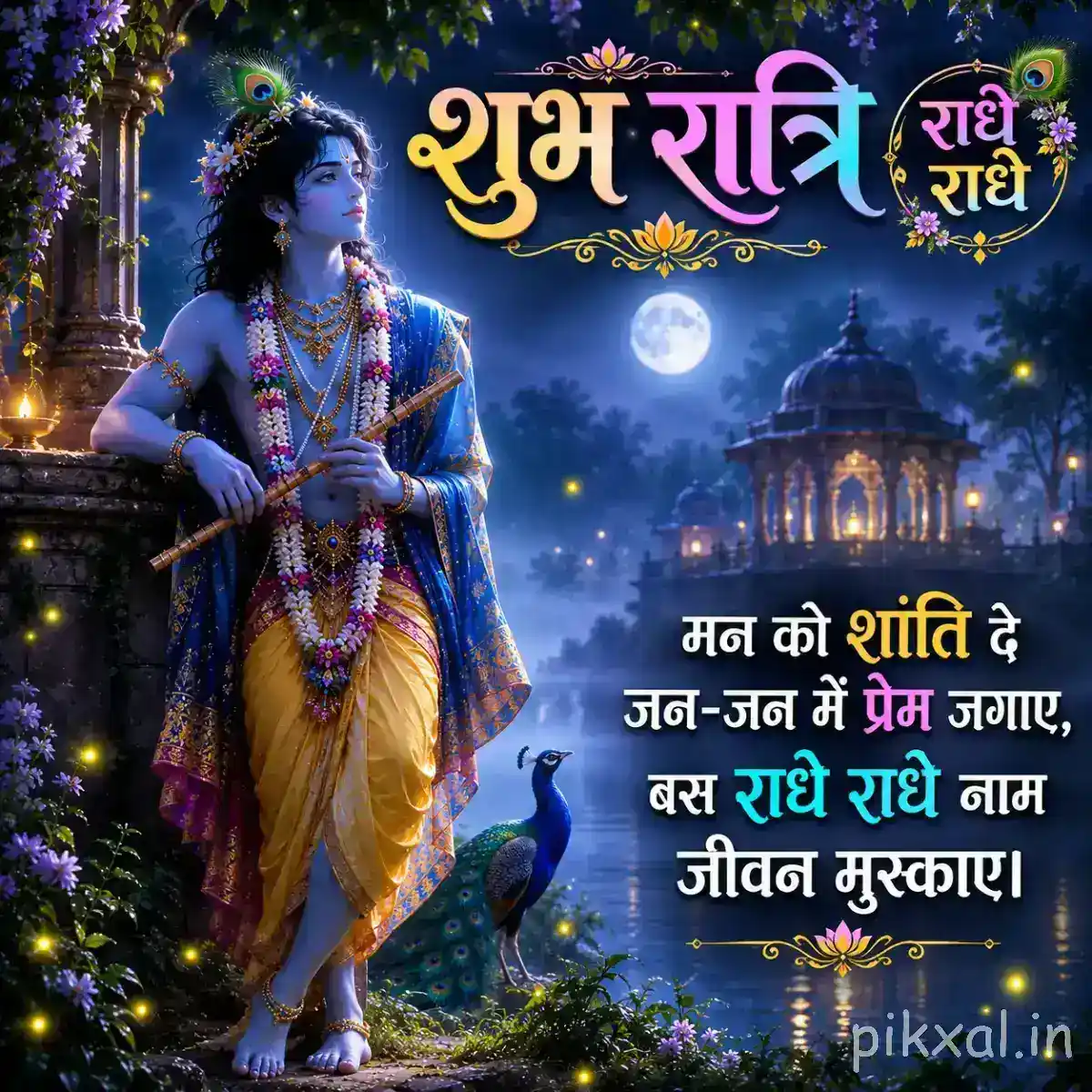 Good Night Krishna Images featuring beautifully depicted Krishna beside a moonlit lake, framed by ornate golden devotional details.