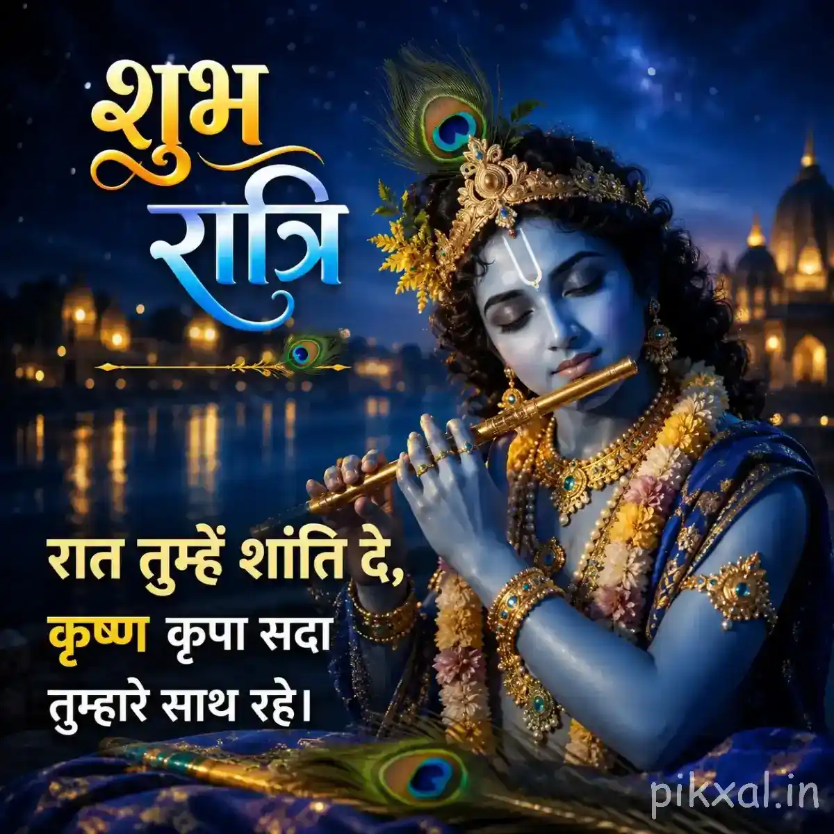 Close-up of Krishna playing the flute beneath a deep blue moonlit sky, with golden temple lights and a message wishing peaceful sleep.