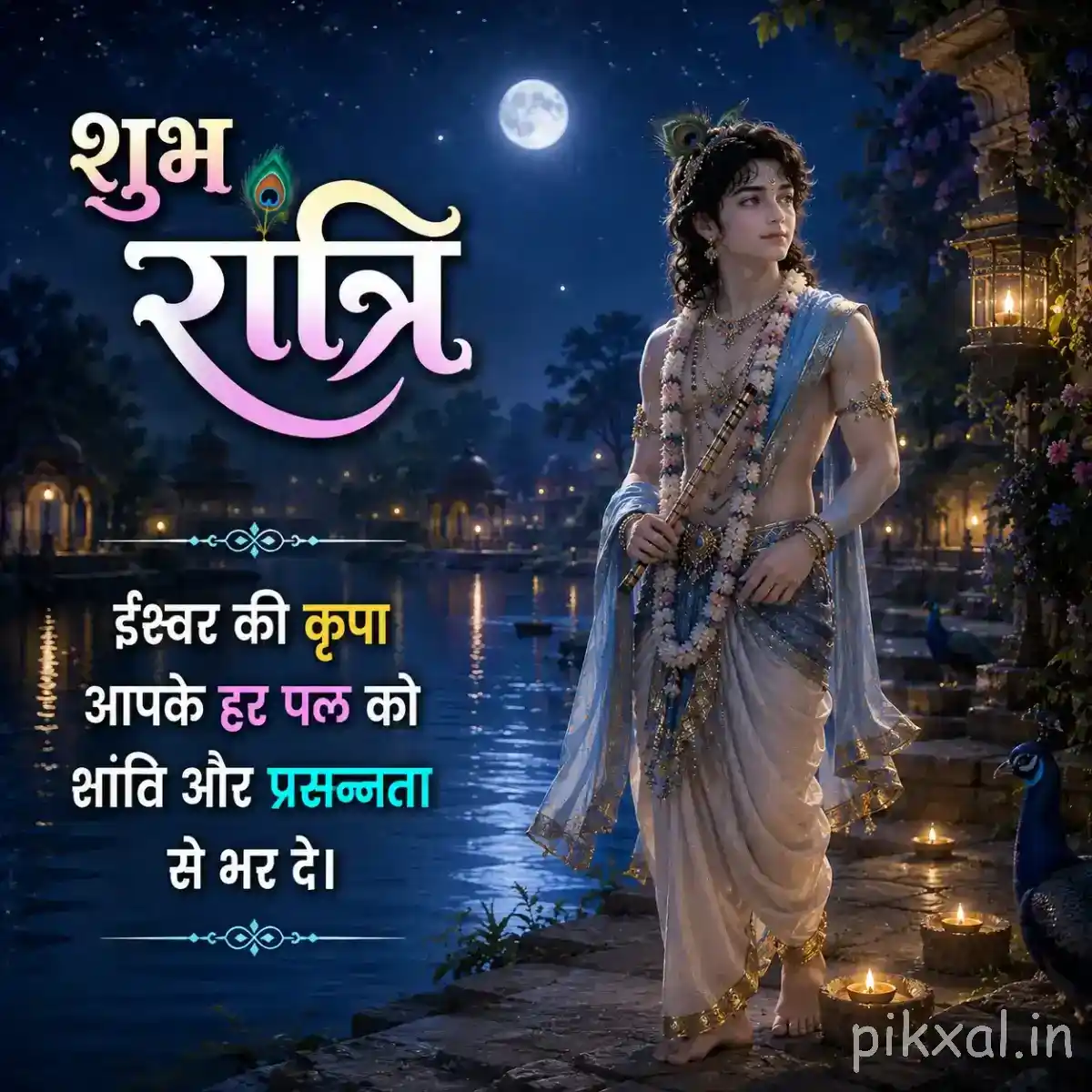 Lord Krishna standing beside a glowing riverside at night, with Krishna's devotional presence, warm lamps and an elegant शुभ रात्रि greeting.