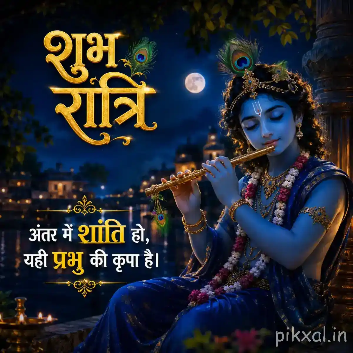 Lord Krishna playing his flute in a rich blue and golden setting, surrounded by peacock feathers, glowing lamps and a peaceful night message.