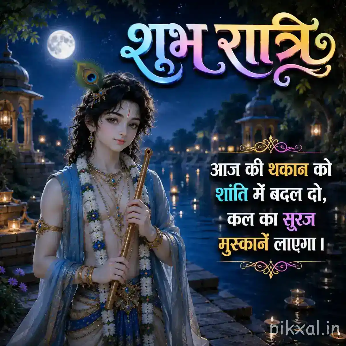 Krishna standing in a moonlit garden beside a graceful woman, with temple architecture, soft blue light and a devotional शुभ रात्रि blessing.