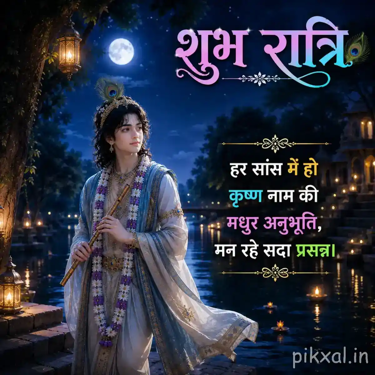 Lord Krishna standing beside a moonlit riverside, surrounded by soft lanterns, blue foliage and a peaceful शुभ रात्रि greeting.