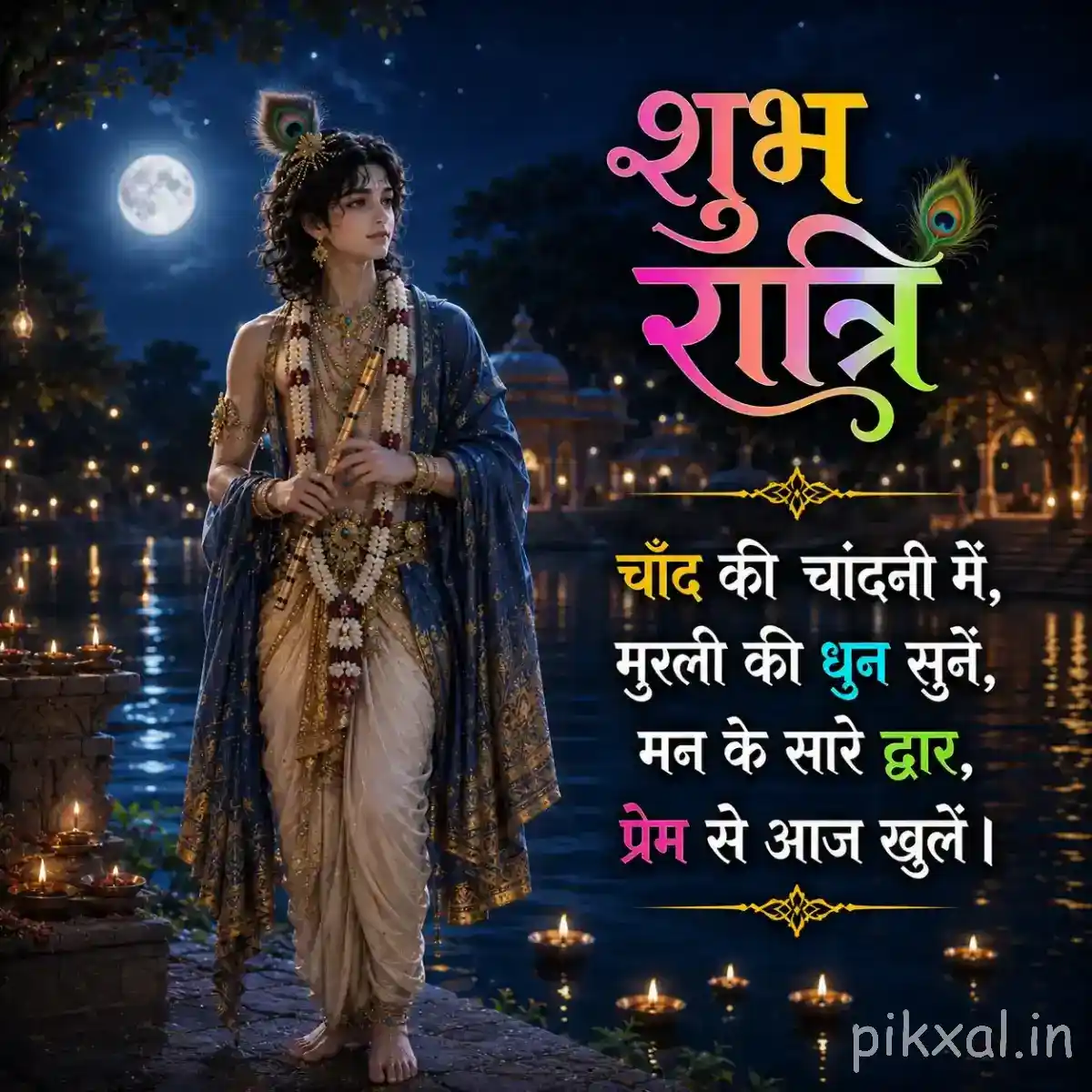Lord Krishna walking along a quiet lakeside path beneath a bright full moon, with glowing lamps and a heartfelt कृष्ण प्रेम message.