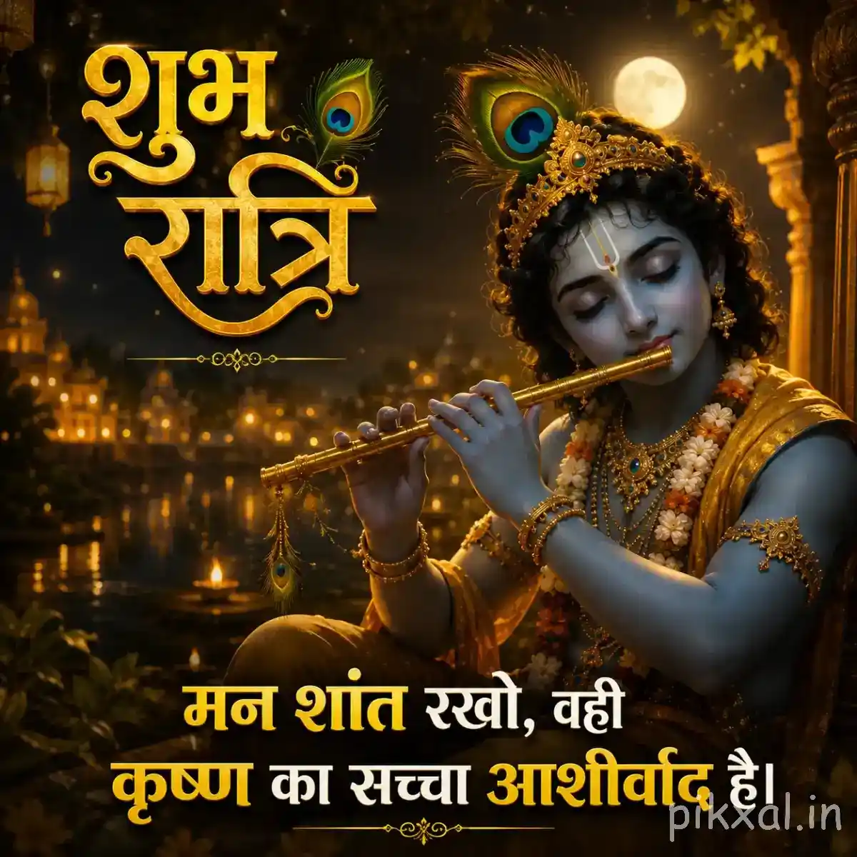 Close-up of Krishna playing the flute beside a glowing diya, with warm golden lights, peacock feathers and ornate शुभ रात्रि lettering.