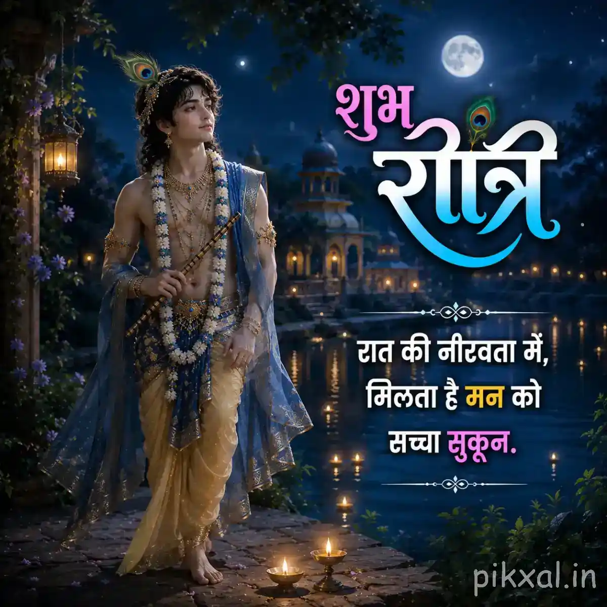 Lord Krishna standing on a softly illuminated garden path beneath a full moon, with warm lamps and a devotional संदेश about प्रेम and भक्ति.