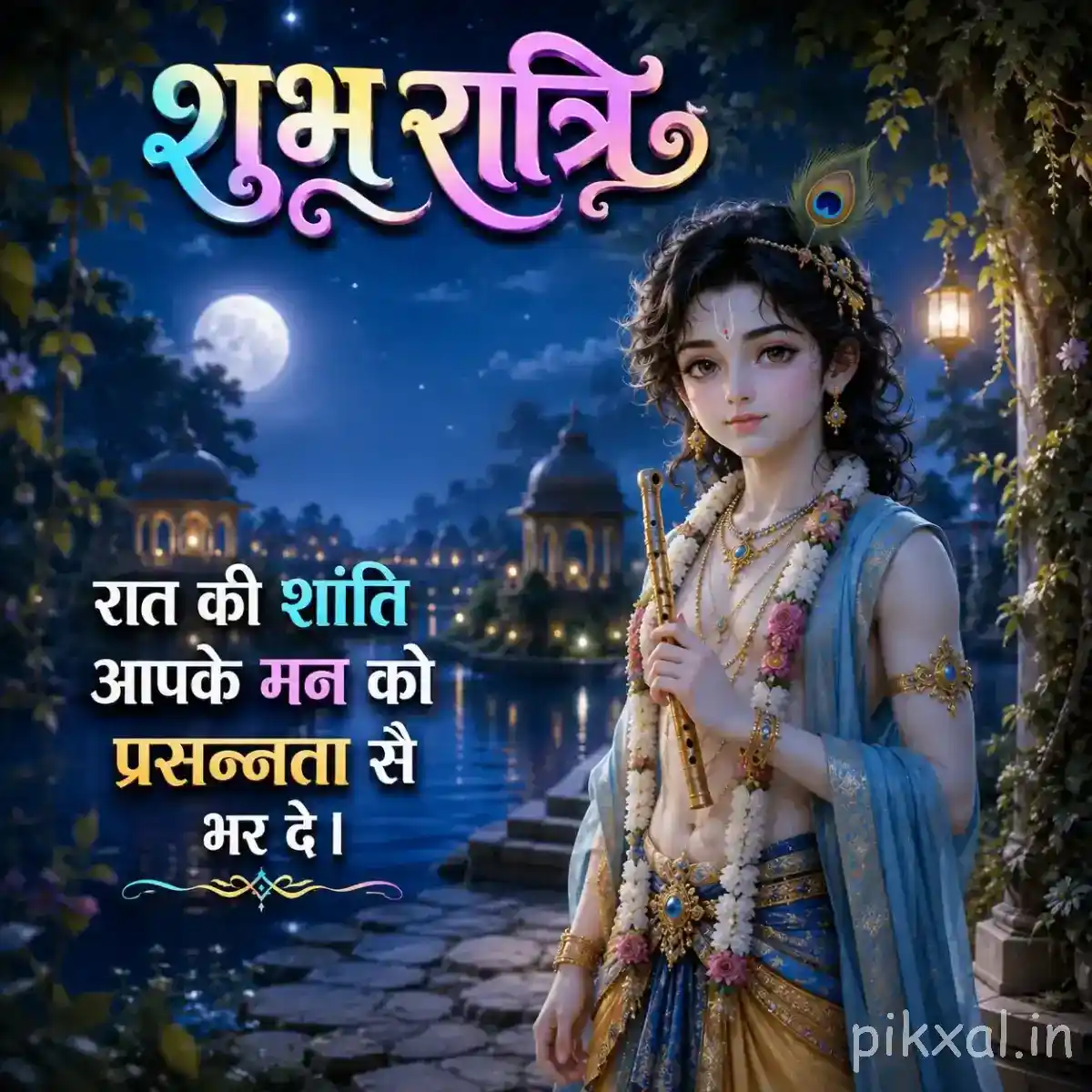 Lord Krishna standing near a temple pathway under the moonlight, with Krishna in the background and a peaceful शुभ रात्रि message.