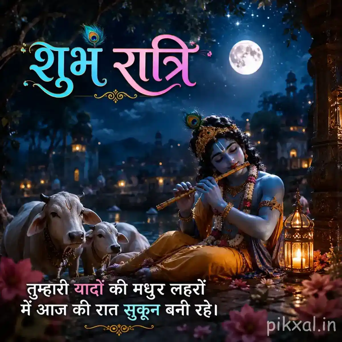 Lord Krishna seated with his flute beside a calm river, surrounded by resting cows, glowing diyas and a bright moonlit sky.