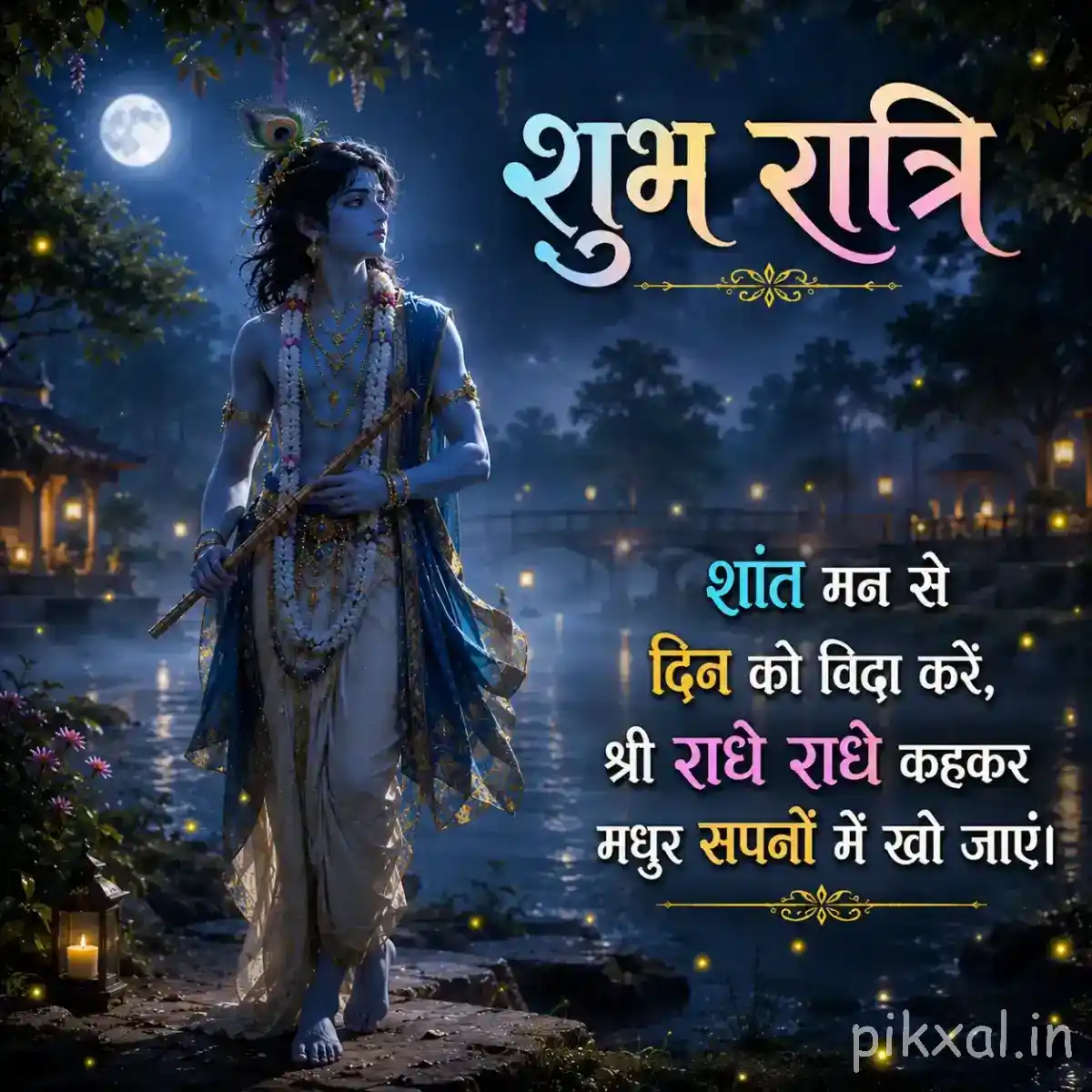 Lord Krishna walking peacefully through a moonlit garden, holding his flute with glowing lanterns and a calming night message nearby.