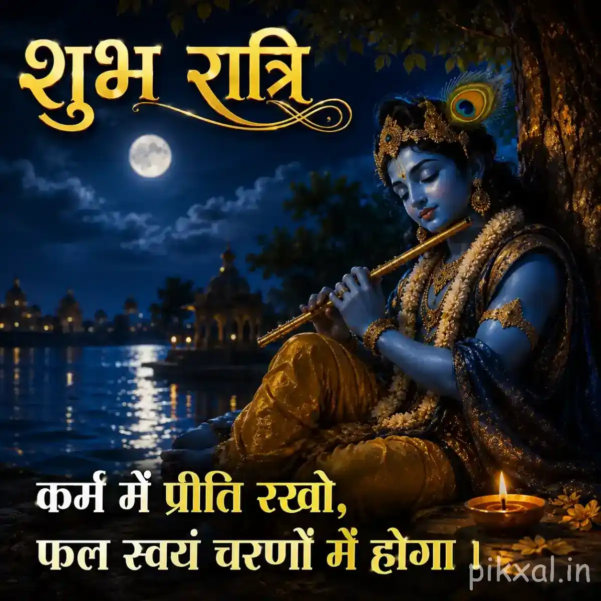 Lord Krishna seated with his flute beside a glowing river, with golden temple lights, a crescent moon and a message about कर्म and फल.