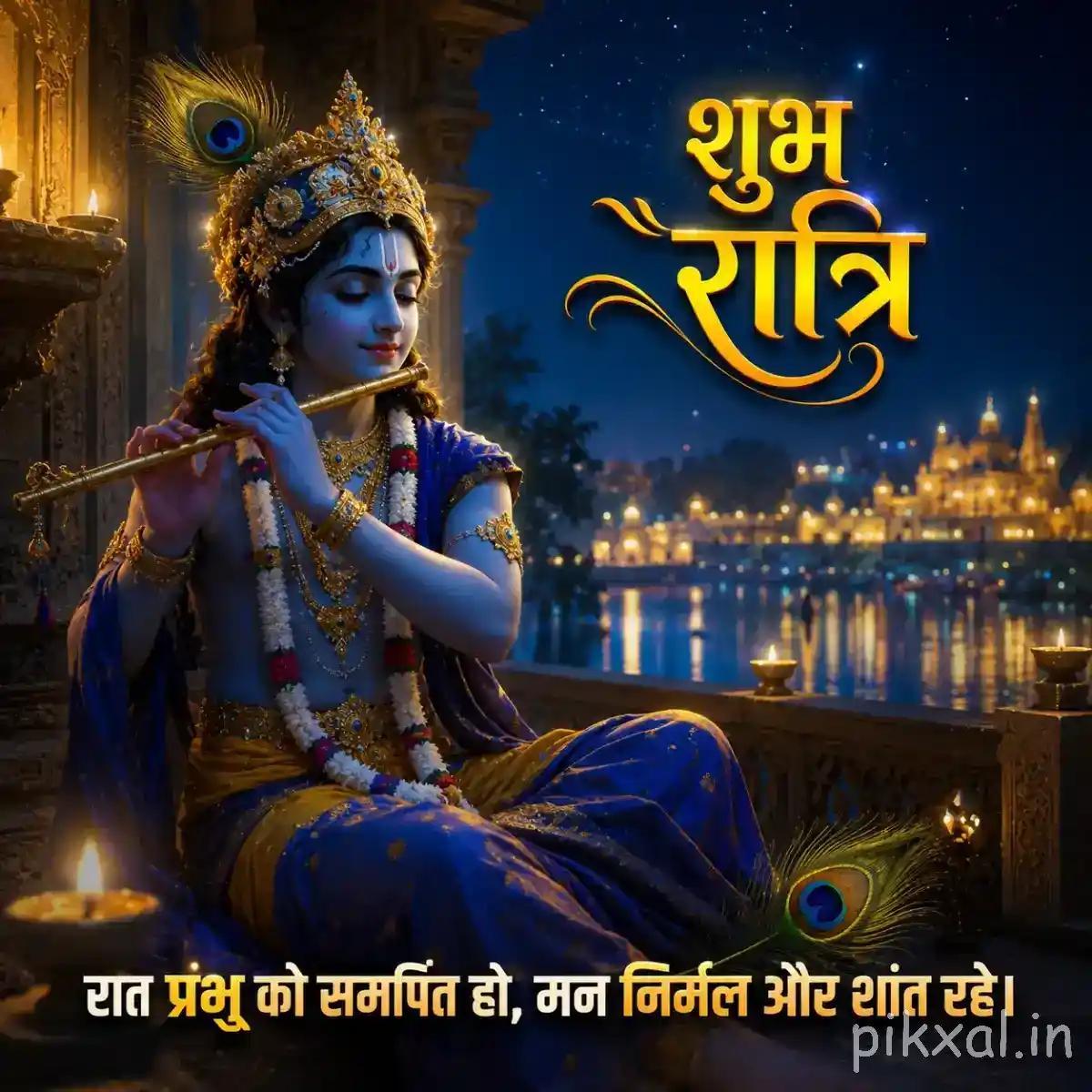Krishna playing the flute in a richly decorated golden setting, surrounded by warm lamps, temple lights and an elegant शुभ रात्रि greeting.