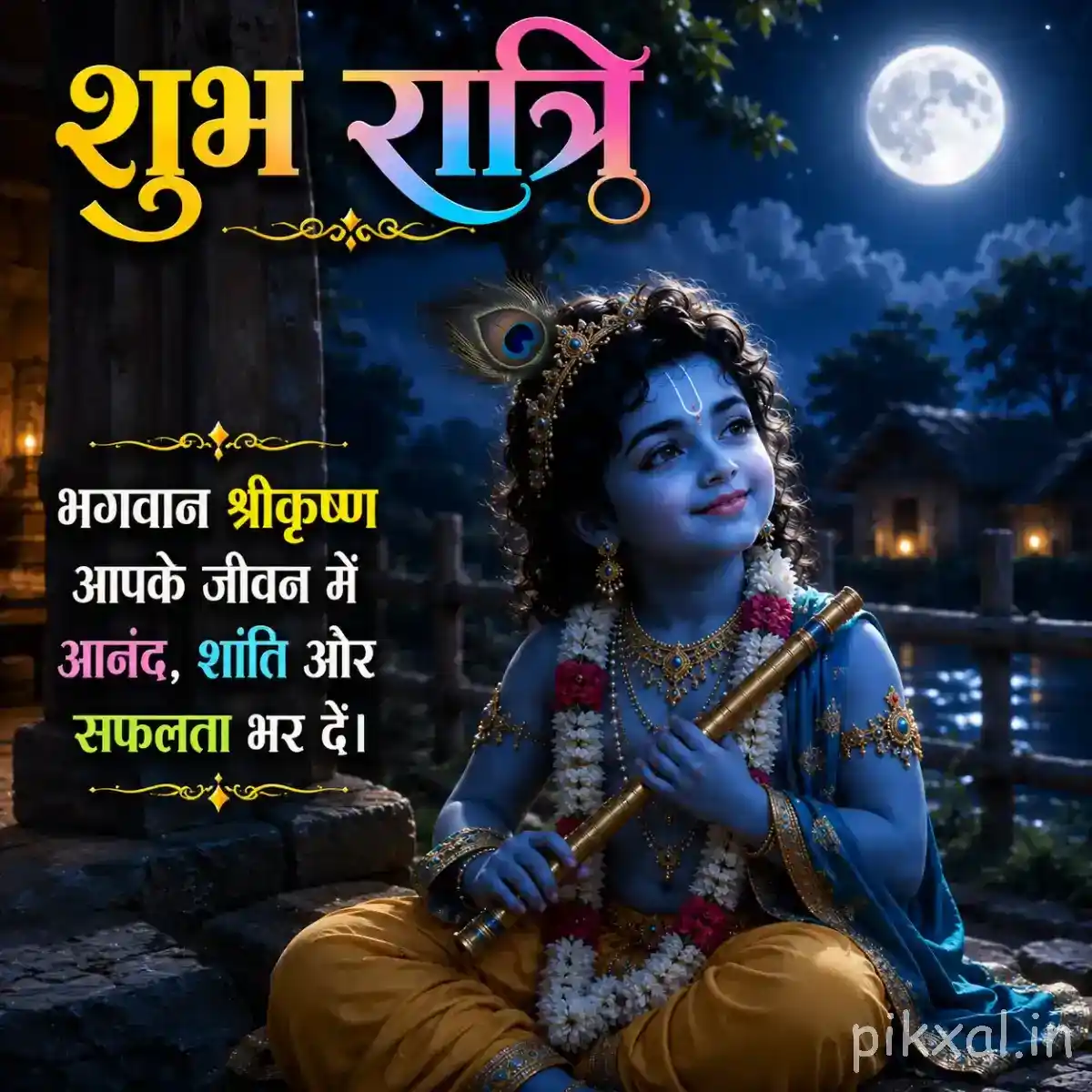 Close portrait of Lord Krishna playing the flute near a moonlit riverside, with blue night tones, glowing lights and devotional typography.