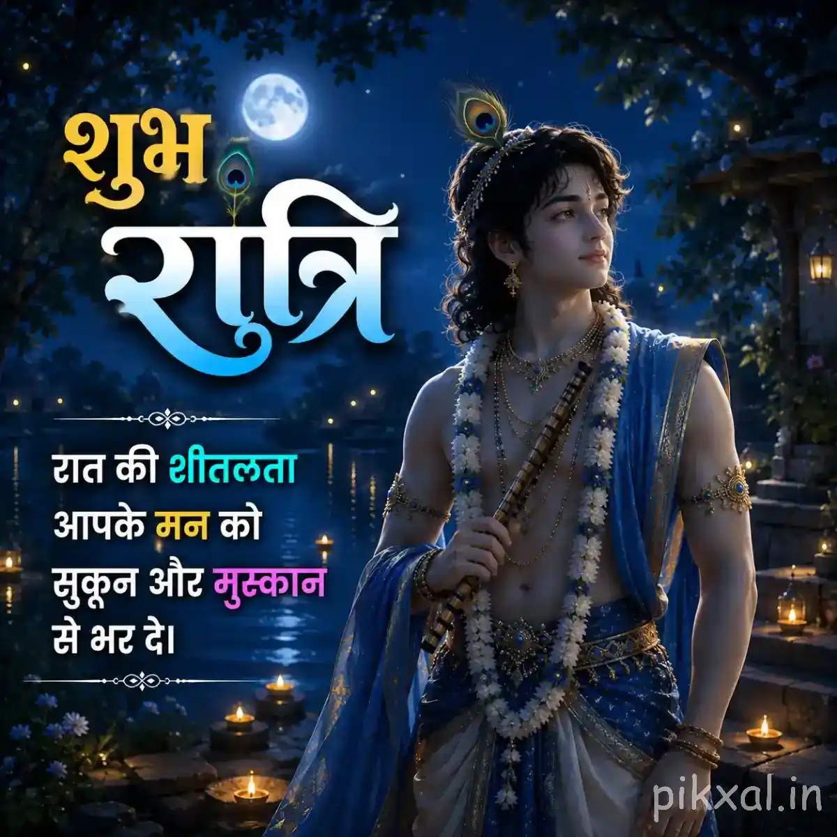 Lord Krishna standing beside a peaceful moonlit river, surrounded by trees and lanterns with a large शुभ रात्रि message.