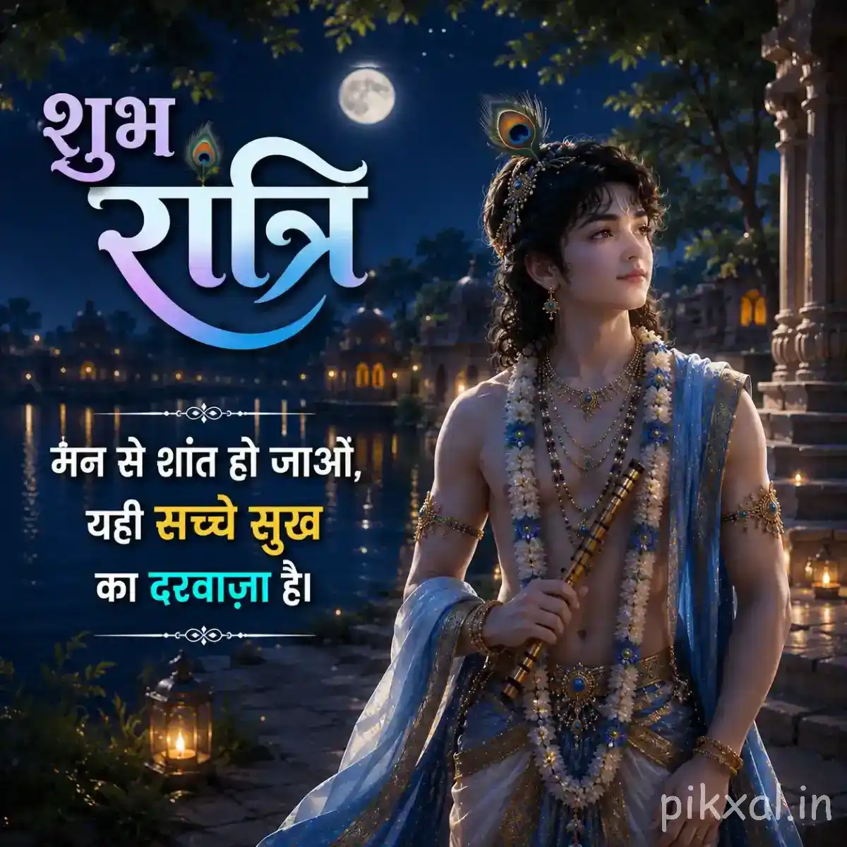 Lord Krishna standing peacefully beside a moonlit river, holding a flute with temple lights and a calming शुभ रात्रि message about inner peace.